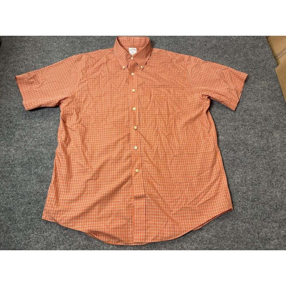 Brooks Brothers Shirt Mens L Orange Short Sleeve Check Button-Up Non Iron Casual